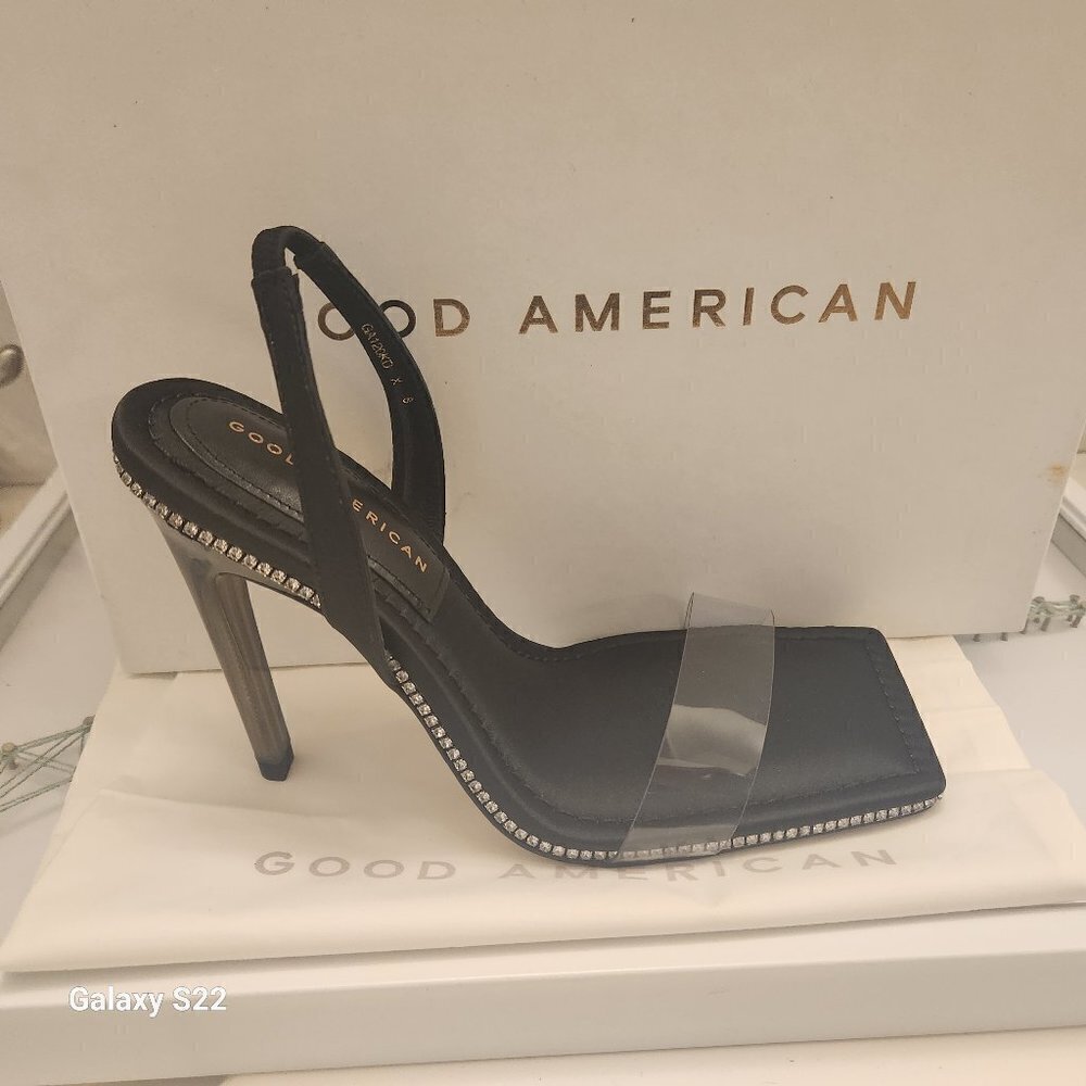 Good American Black Jeweled Heels. NIB. Size Various.
